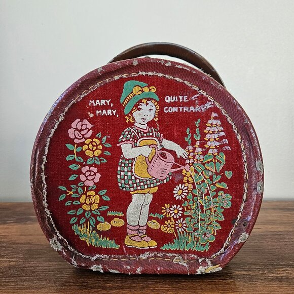 Vintage 30s 40s Childs Girls Leather Suitcase Bag Case Mary Quite Contrary Rhyme - Picture 1 of 9